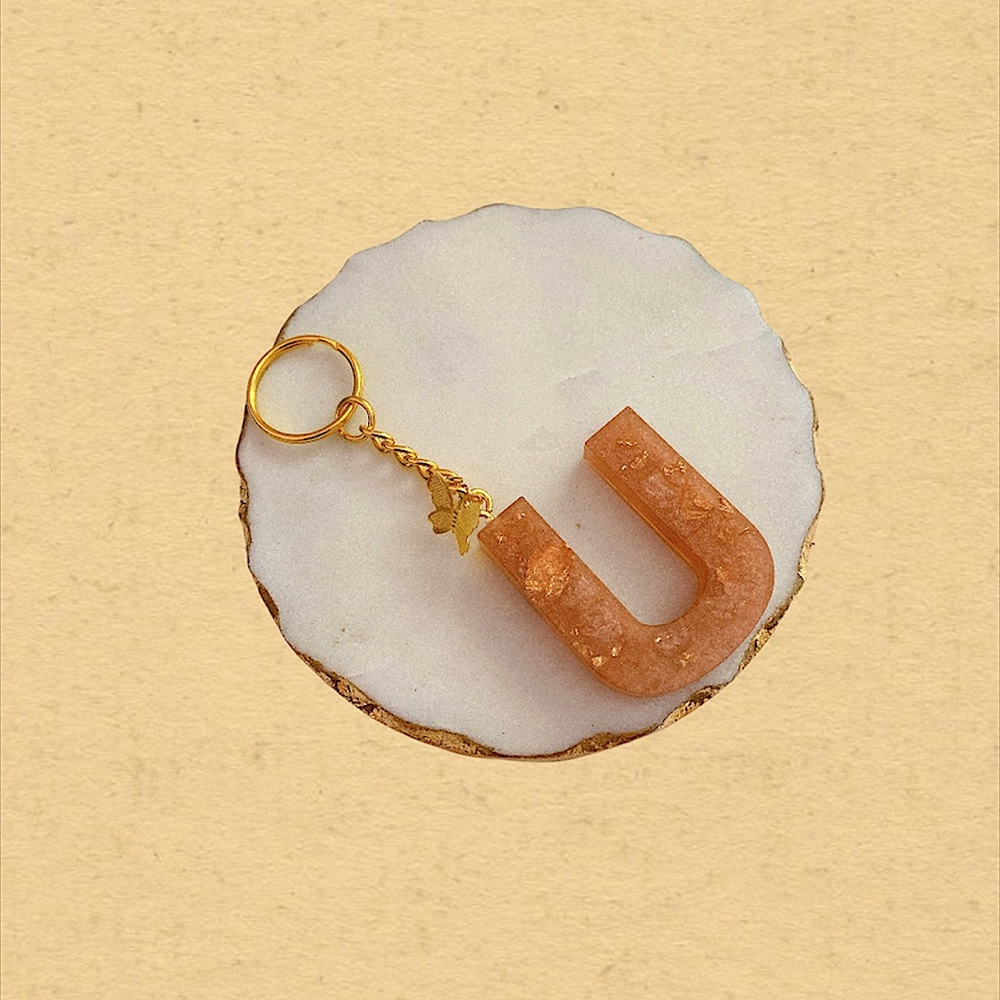 Custom Letter “U” Butterfly Key Chain - Peach Gold